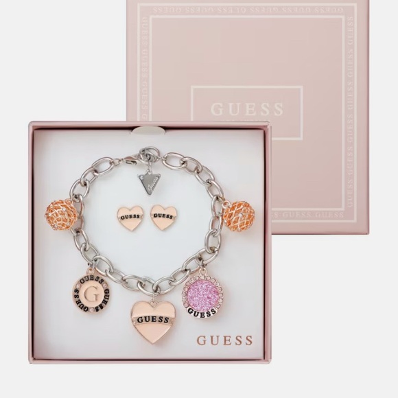 Guess Gold Tone Charm Bracelet and Heart EarrBox Set - Picture 2 of 2